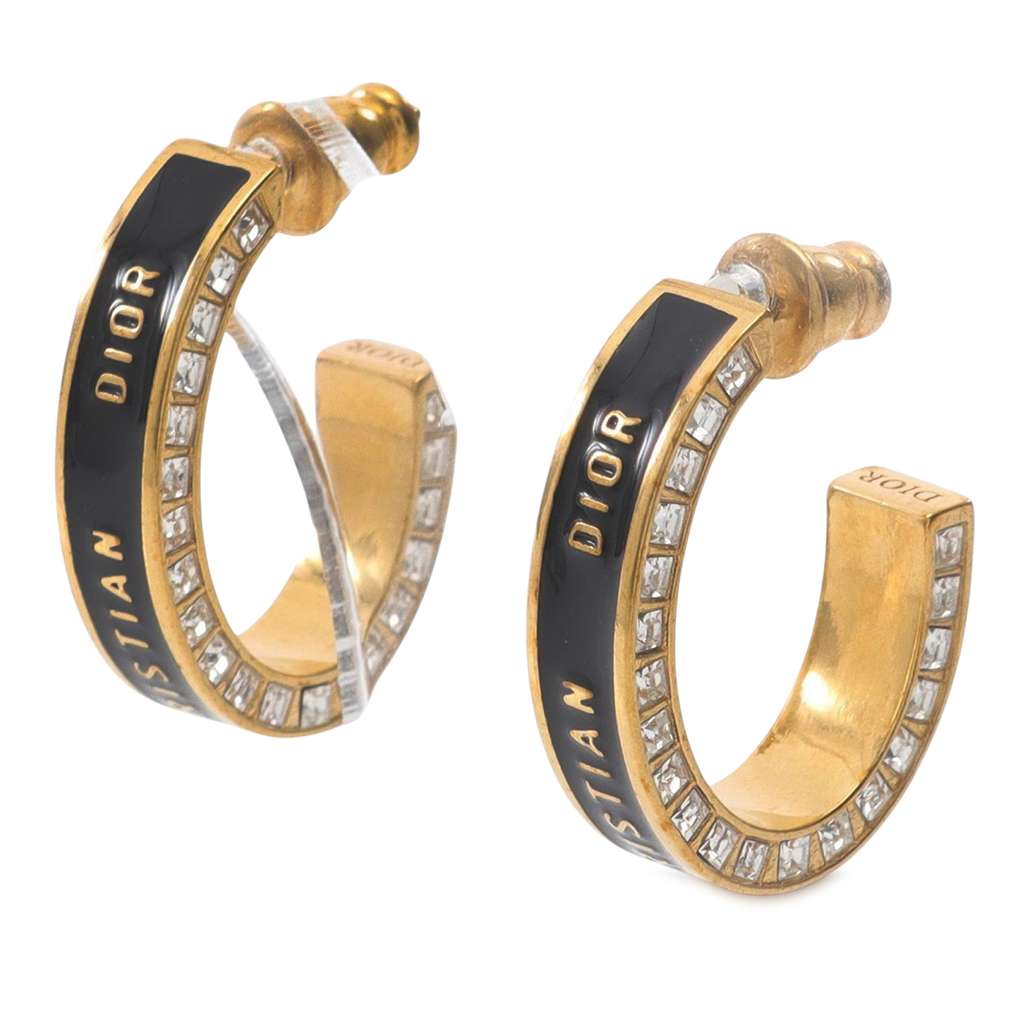 Dior Gold Plated Enamel Dior Night Code Hoop Push Back Earrings - 2
