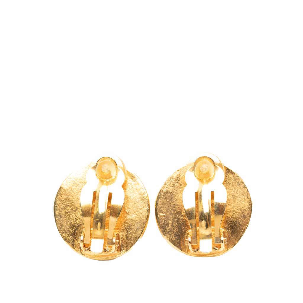 Chanel CC Gold Plated Leather Clip on Earrings - 2