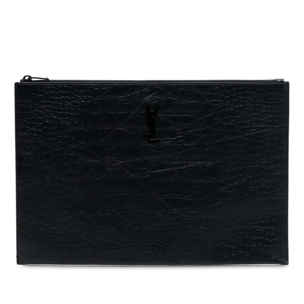 Saint Laurent Croc Embossed Leather Monogram Clutch
