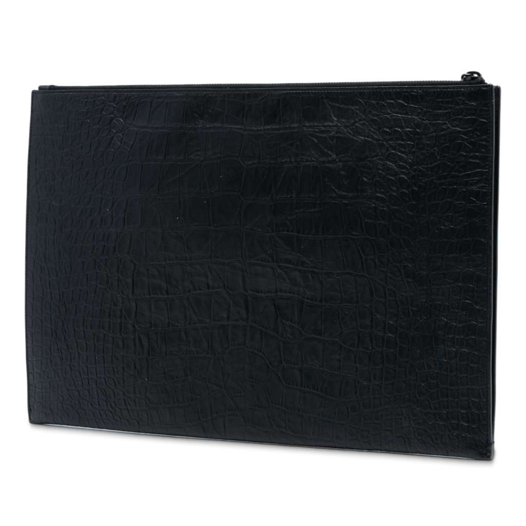 Saint Laurent Croc Embossed Leather Monogram Clutch - 2