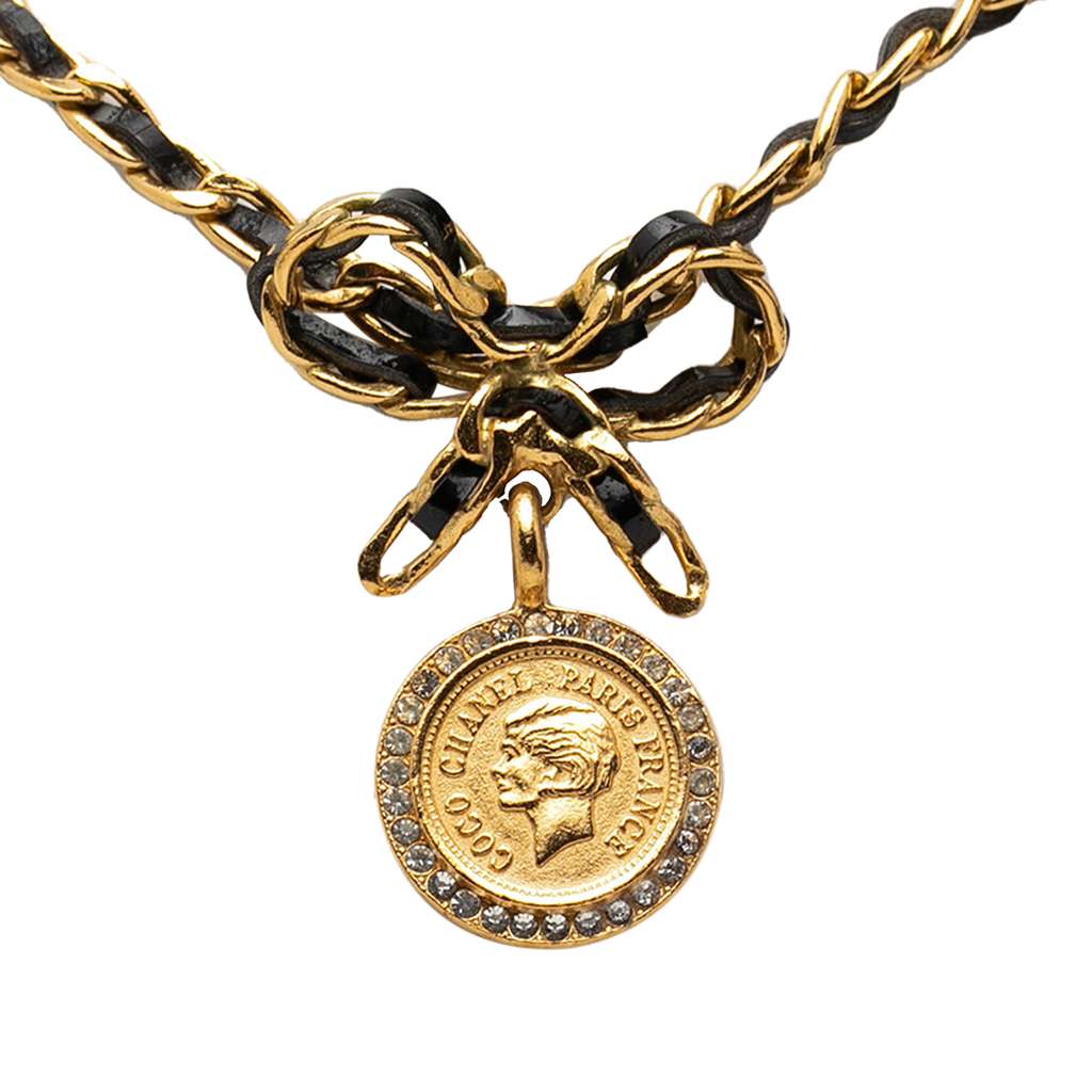 Chanel Leather and Gold Plated Medallion Bow Pendant Necklace