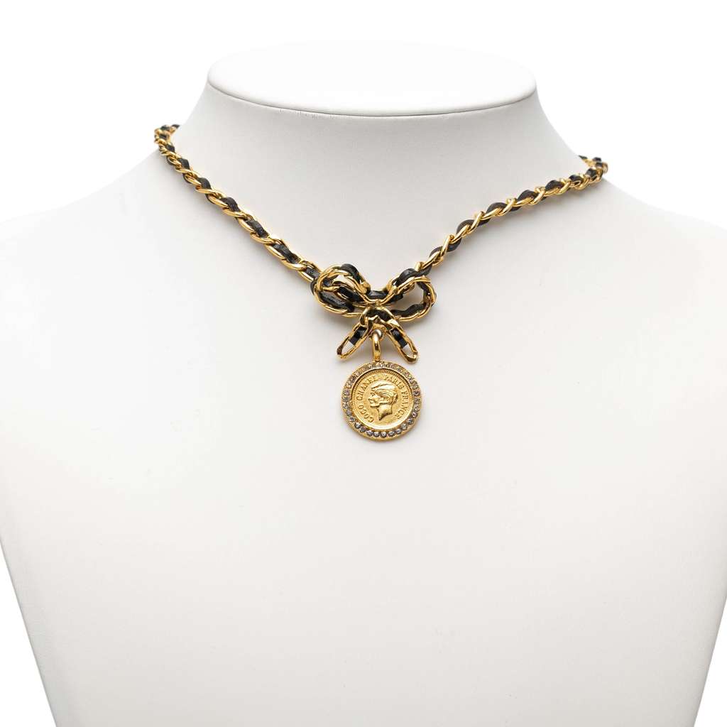 Chanel Leather and Gold Plated Medallion Bow Pendant Necklace - 5
