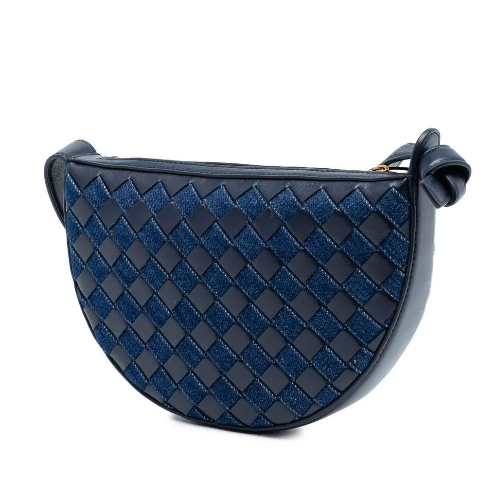 Bottega Veneta Mini Leather and Denim Intrecciato Sunrise Hobo Blue Leather Good - Back View