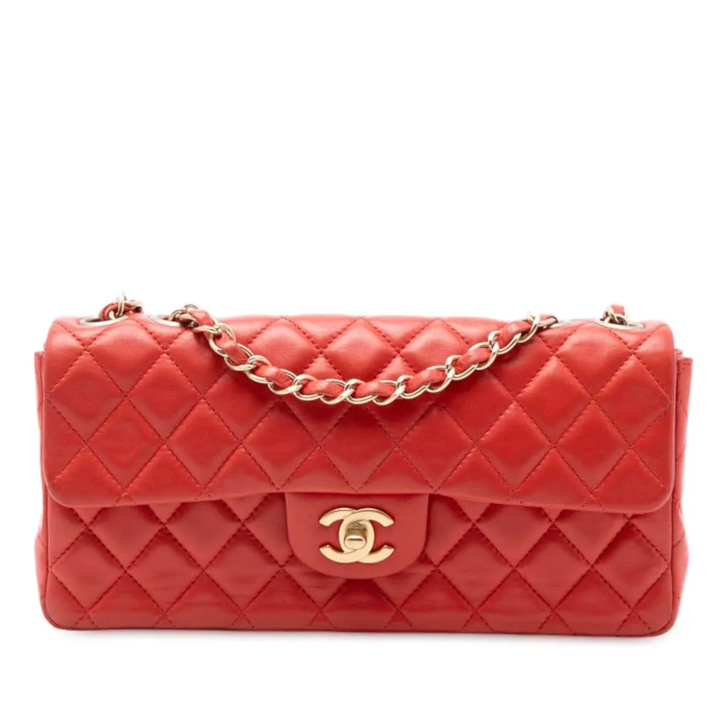 Chanel Classic Lambskin East West Single Flap Red Leather Good - Front View