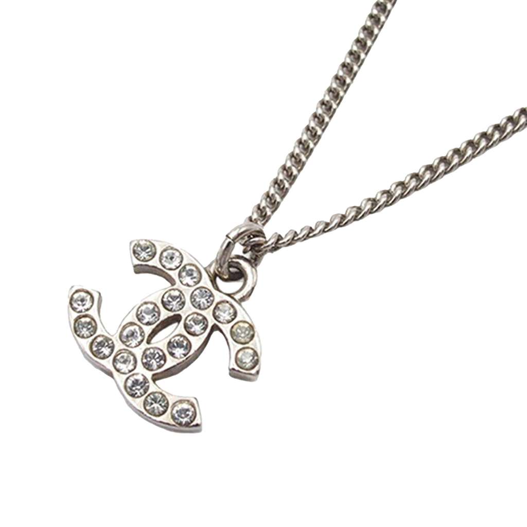 Chanel CC Silver Plated Rhinestones Pendant Necklace - 2