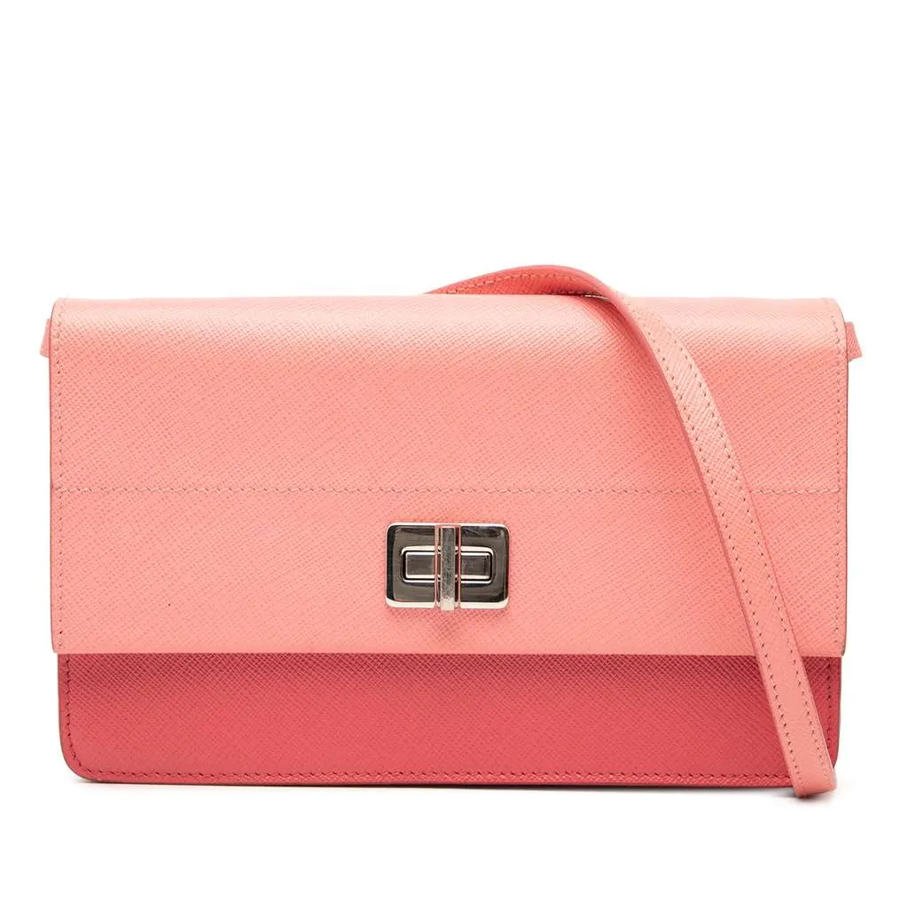 Prada Saffiano Turn Lock Wallet on Strap Pink Leather Good - Front View