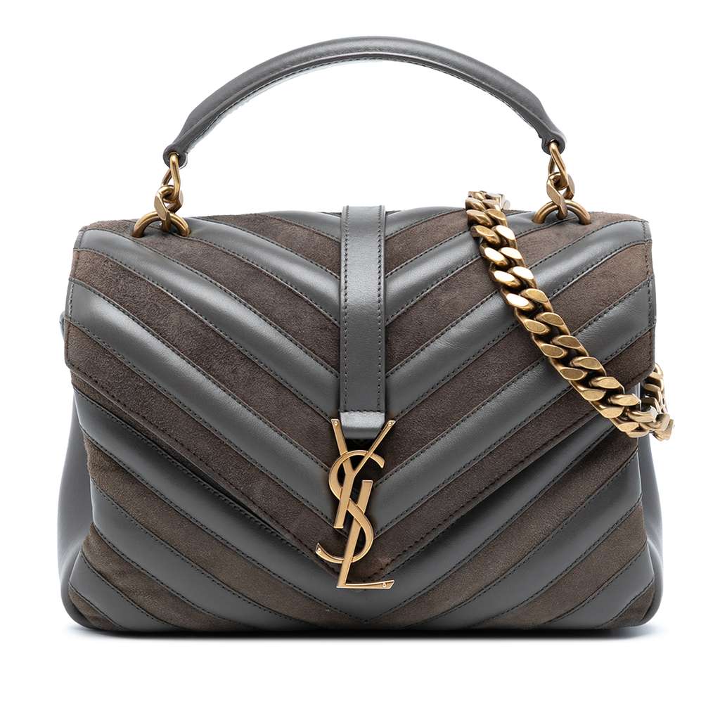 Saint Laurent Medium Calfskin and Suede Chevron Monogram College Satchel