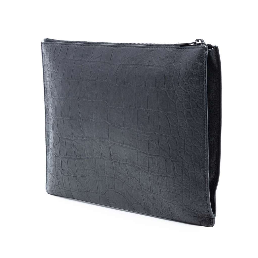 Saint Laurent Croc Embossed Leather Monogram Zip Pouch - 2