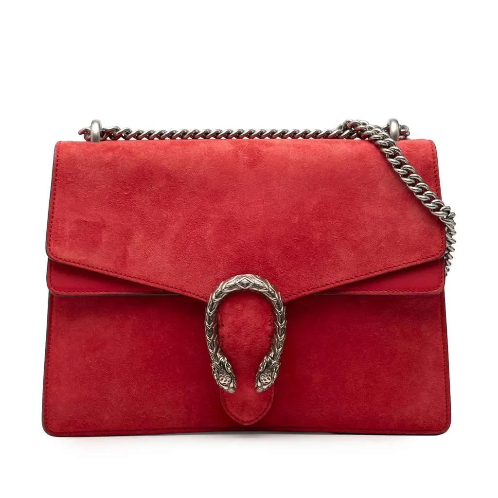 Gucci Medium Suede Dionysus Shoulder Bag Red Leather Good - Front View