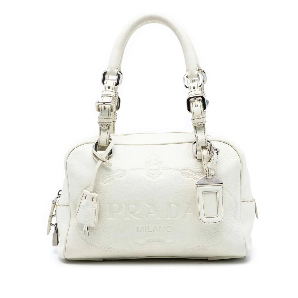 Prada Vitello Daino Embossed Logo Bauletto Bag White Leather Very good - Front View