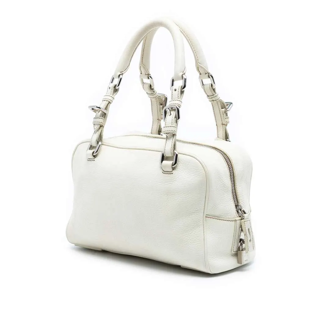 Prada Vitello Daino Embossed Logo Bauletto Bag White Leather Very good - Back View