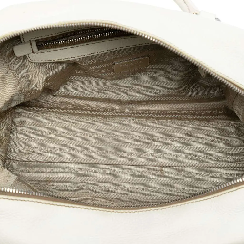 Prada Vitello Daino Embossed Logo Bauletto Bag White Leather Very good - Model View