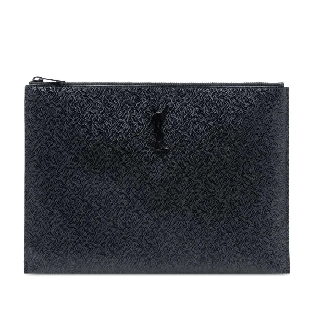 Saint Laurent Grain De Poudre Monogram Monochrome iPad Case Black Leather Good - Front View