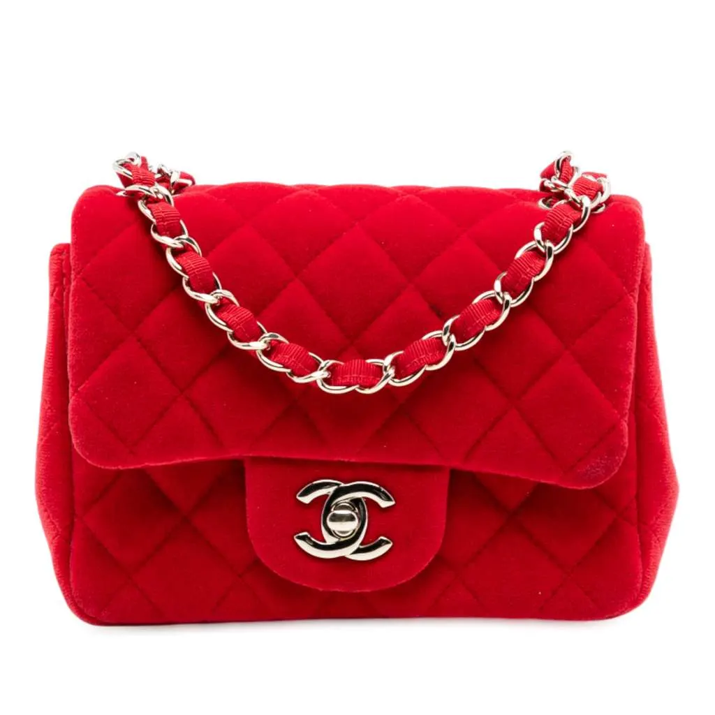 Chanel Mini Square Classic Velvet Single Flap Red Velvet Good - Front View