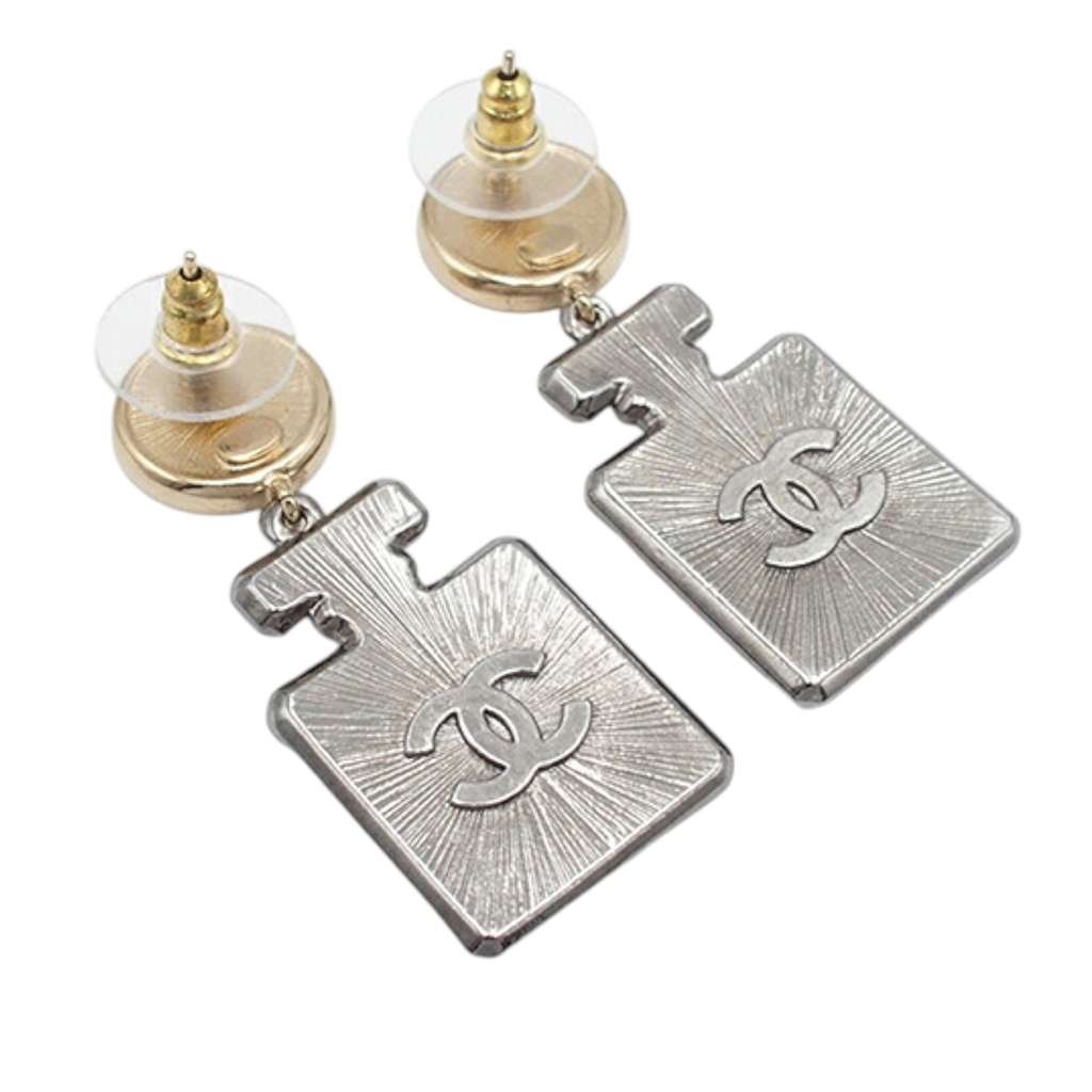 Chanel Gold Plated and Silver Plated CC Rhinestone No 5 Perfume Bottle Drop Push Back Earrings - 3