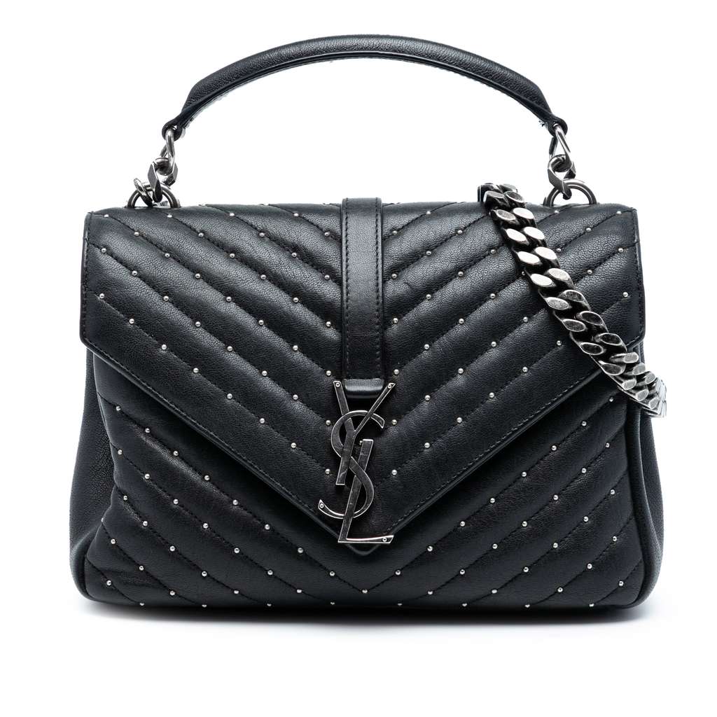 Saint Laurent Medium Quilted Chevron Studded Sheepskin College Satchel