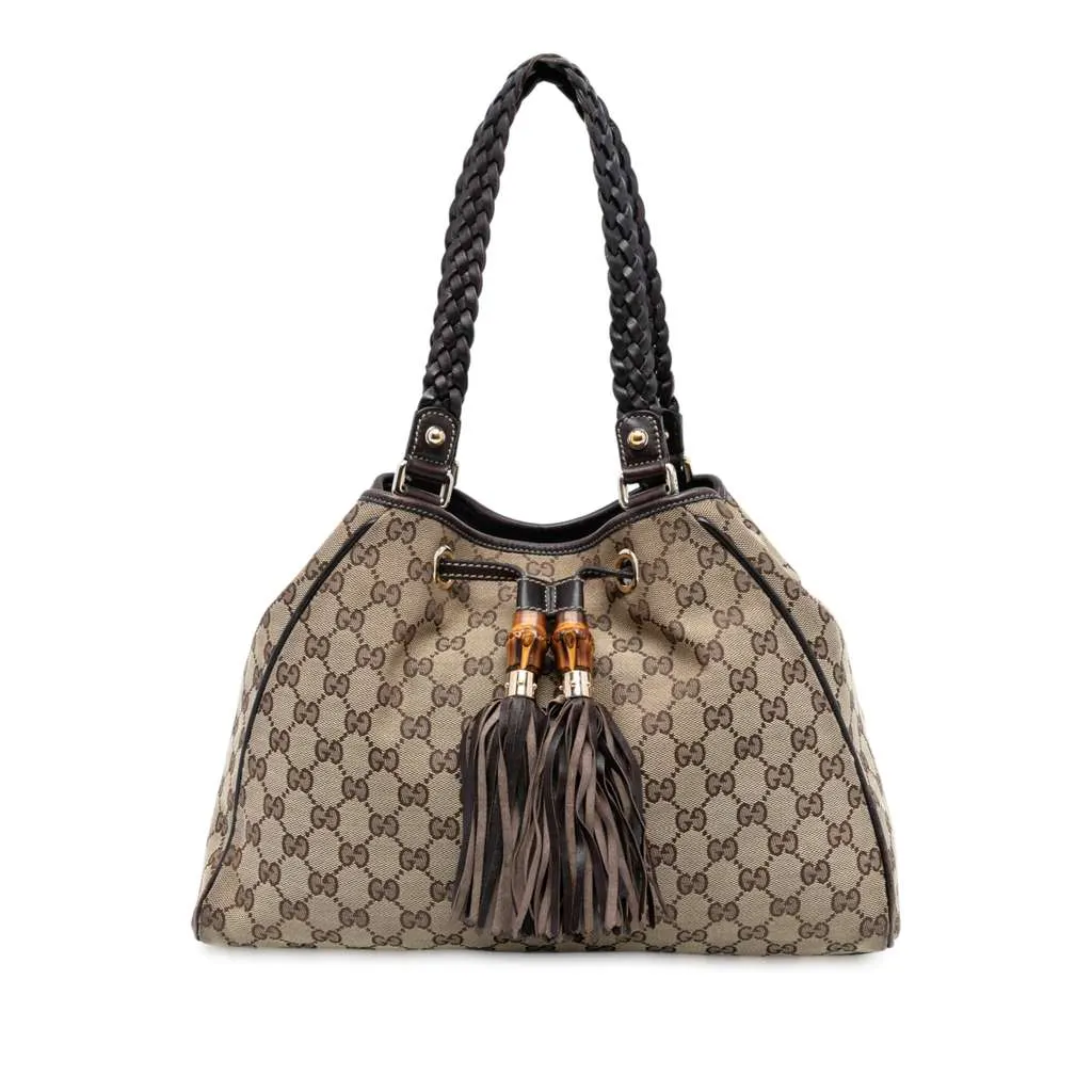 Gucci Medium GG Canvas Braided Peggy Tote Brown Canvas Good - Front View