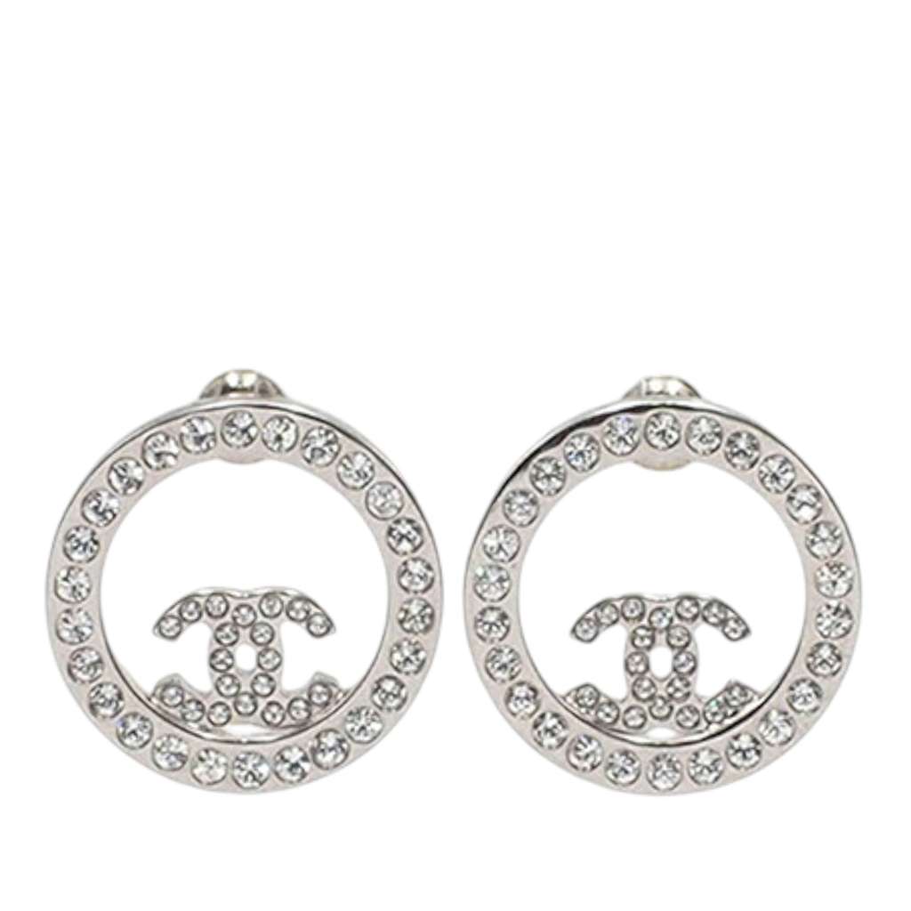 Chanel Silver Plated CC Rhinestones Round Push Back Earrings