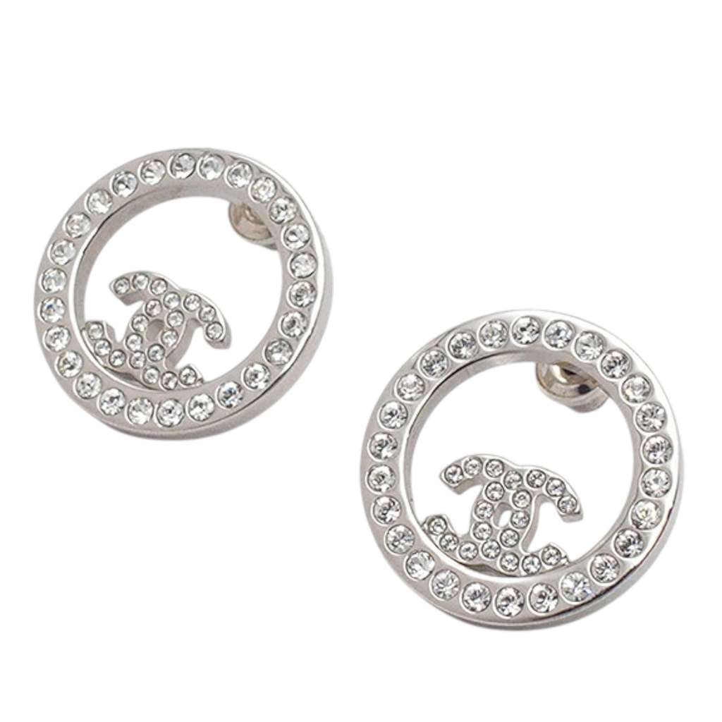 Chanel Silver Plated CC Rhinestones Round Push Back Earrings - 2