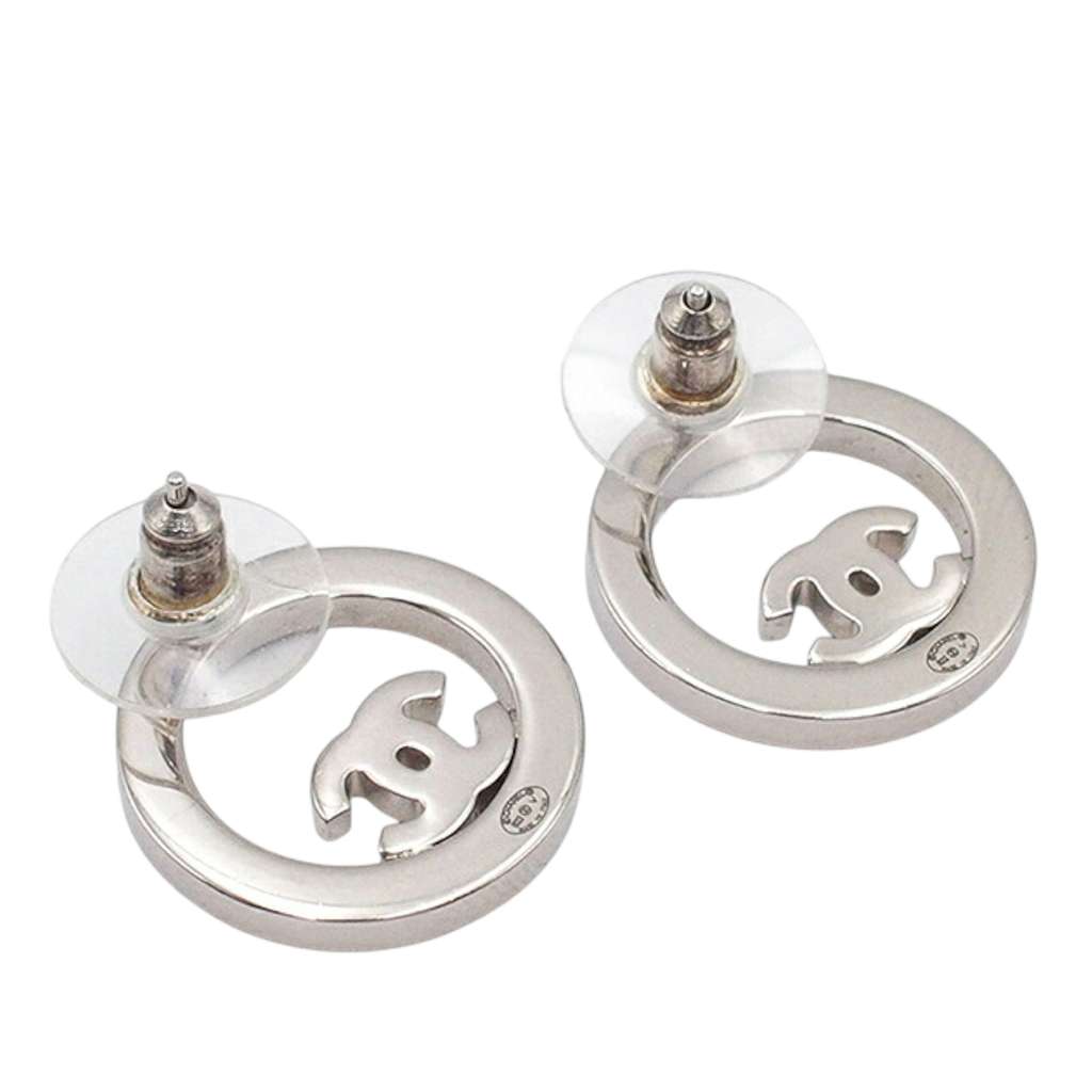 Chanel Silver Plated CC Rhinestones Round Push Back Earrings - 3