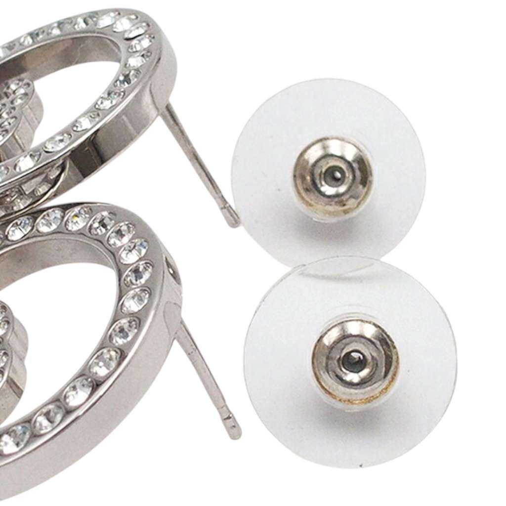 Chanel Silver Plated CC Rhinestones Round Push Back Earrings - 4
