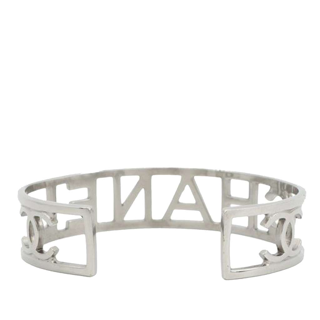 Chanel Silver Plated Cutout Logo Cuff Bracelet - 2