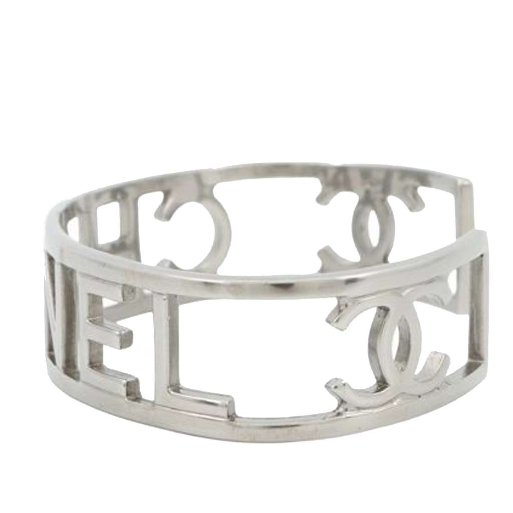Chanel Silver Plated Cutout Logo Cuff Bracelet - 3