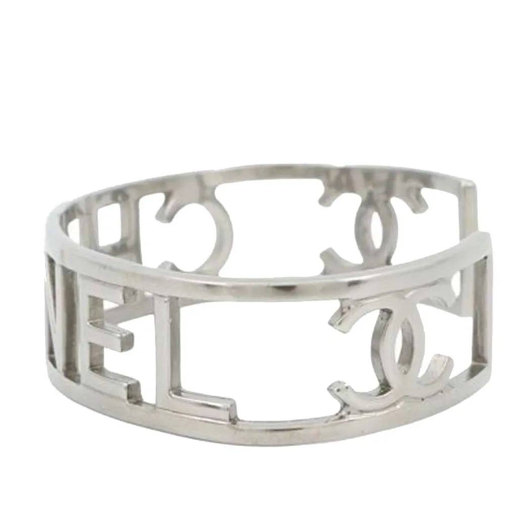 Chanel Silver Plated Cutout Logo Cuff Bracelet Silver Metal Good - Inside View