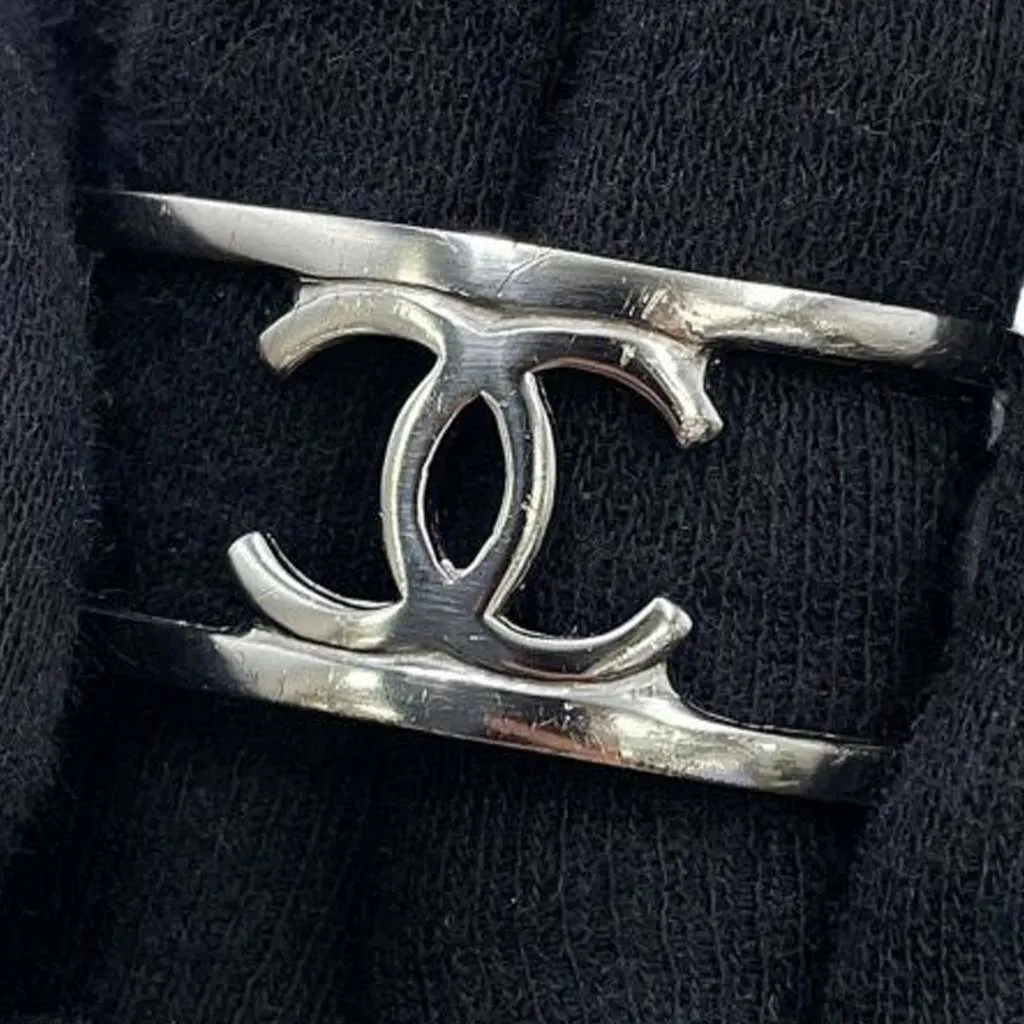 Chanel Silver Plated Cutout Logo Cuff Bracelet Silver Metal Good - Model View