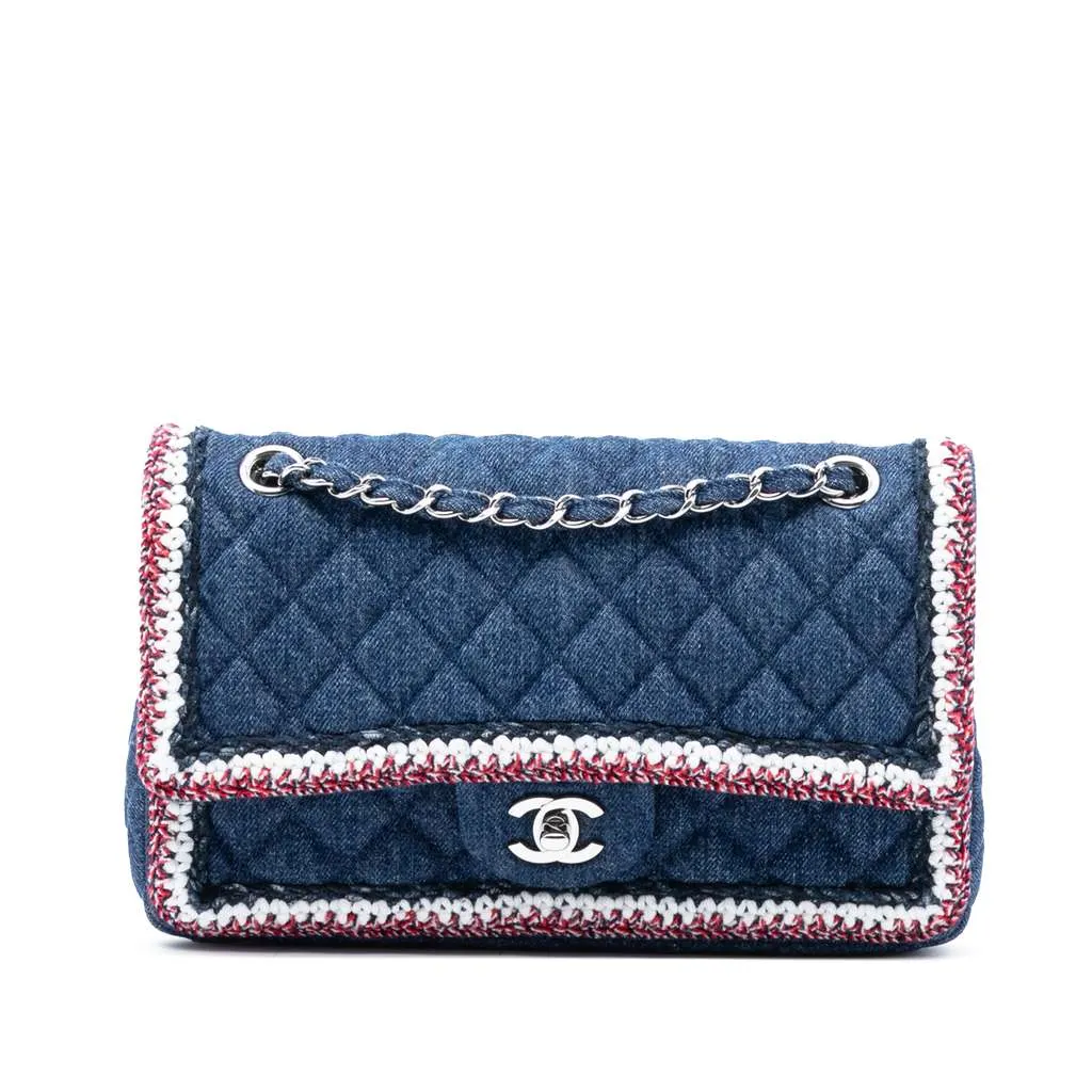 Chanel Medium Classic Denim Braided Single Flap Blue Denim Good - Front View