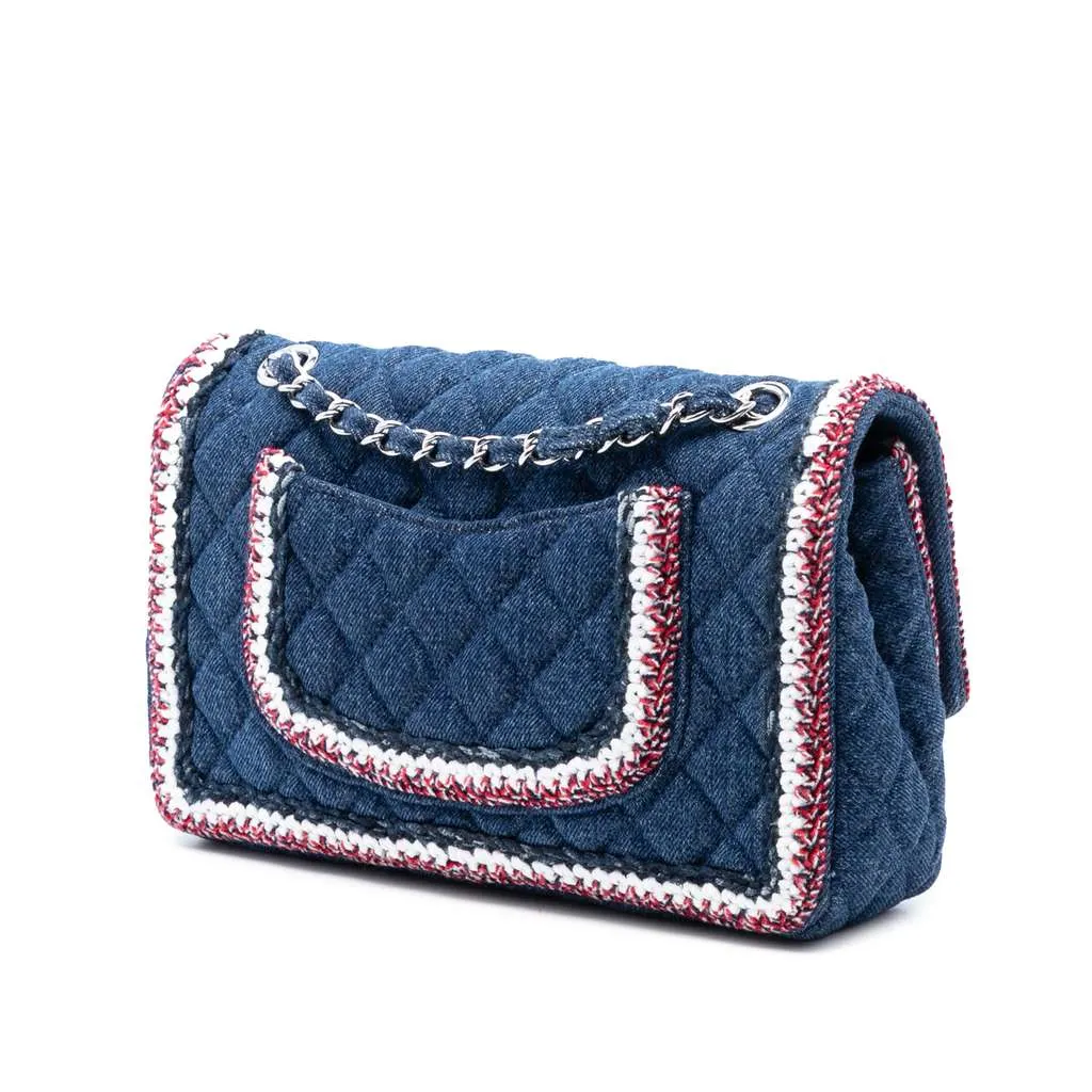 Chanel Medium Classic Denim Braided Single Flap Blue Denim Good - Back View