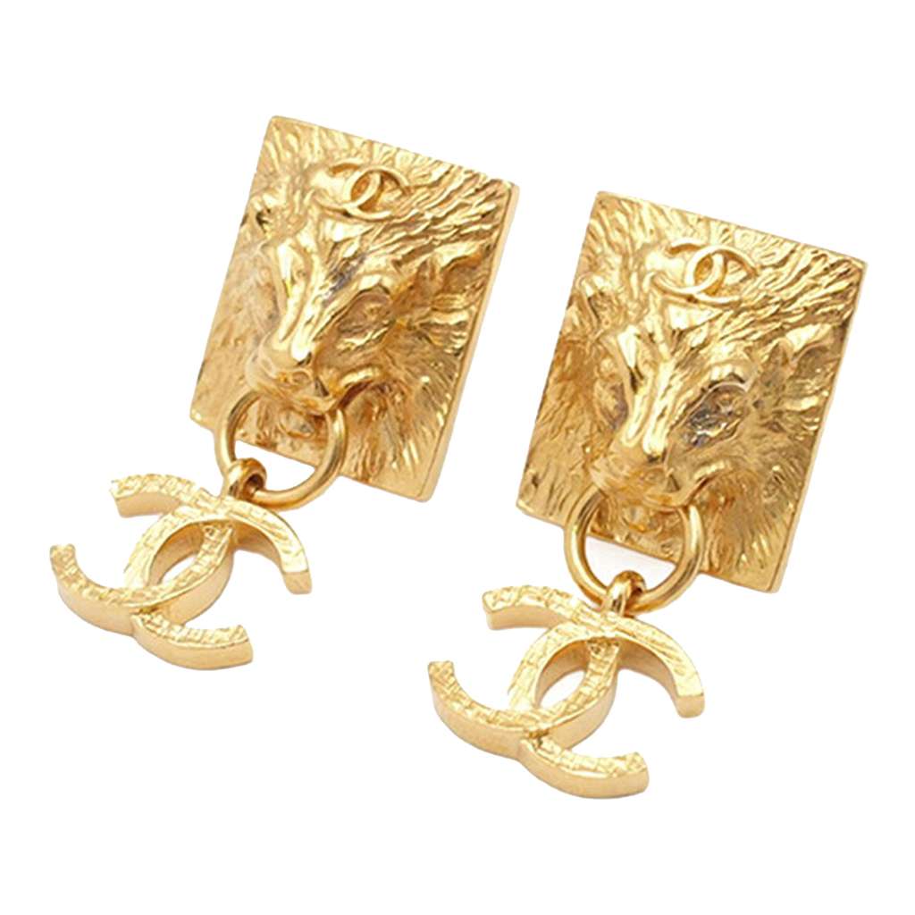 Chanel Gold Plated Lion Head CC Drop Push Back Earrings - 2