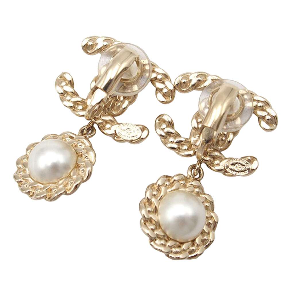 Chanel CC Gold Plated Rhinestone and Faux Pearl Swing Clip On Earrings - 2