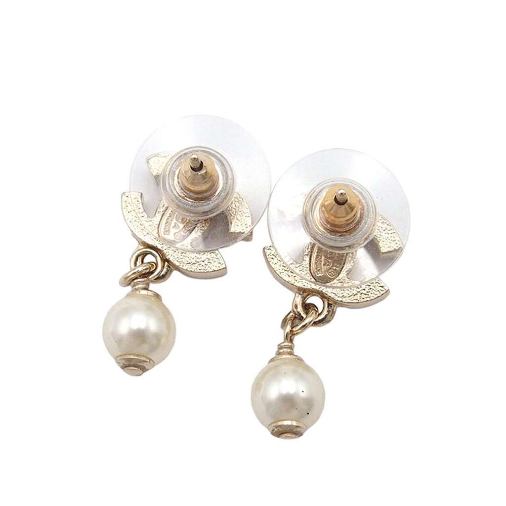 Chanel CC Gold Plated Crystal and Faux Pearl Drop Push Back Earrings - 2