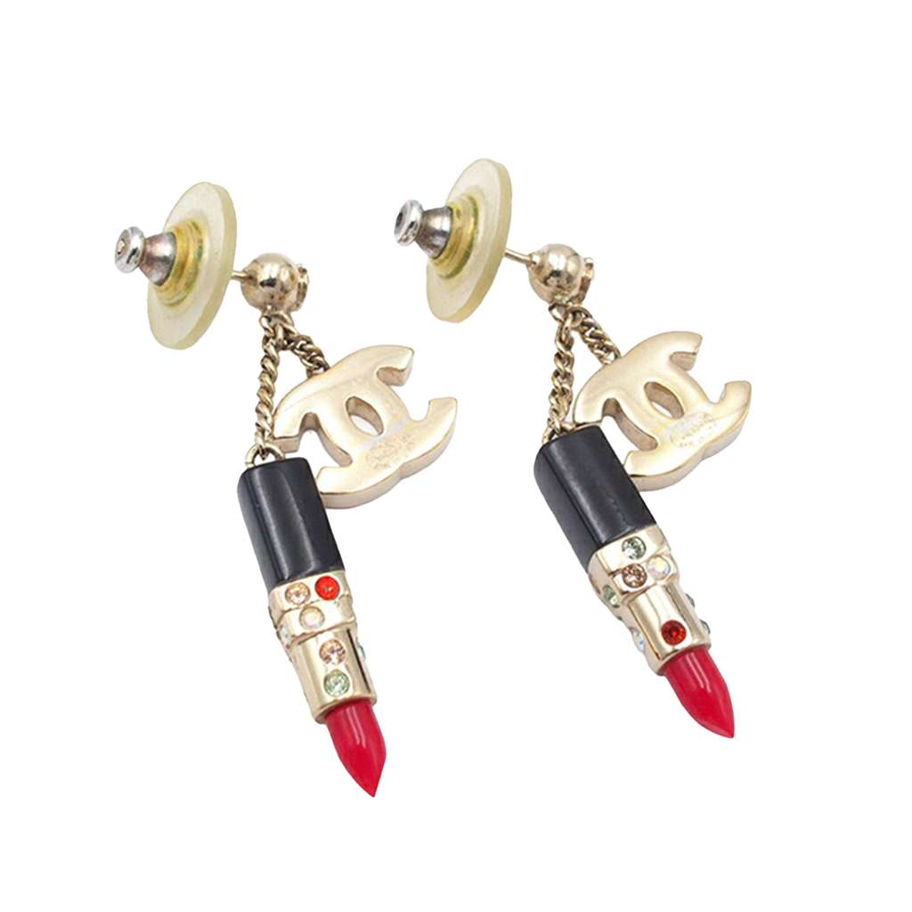 Chanel Gold Plated Resin and Rhinestone CC Lipstick Drop Push Back Earrings - 2