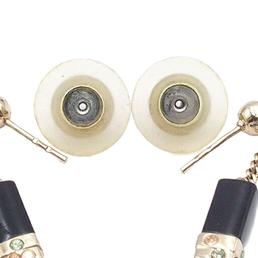 Chanel Gold Plated Resin and Rhinestone CC Lipstick Drop Push Back Earrings - 4