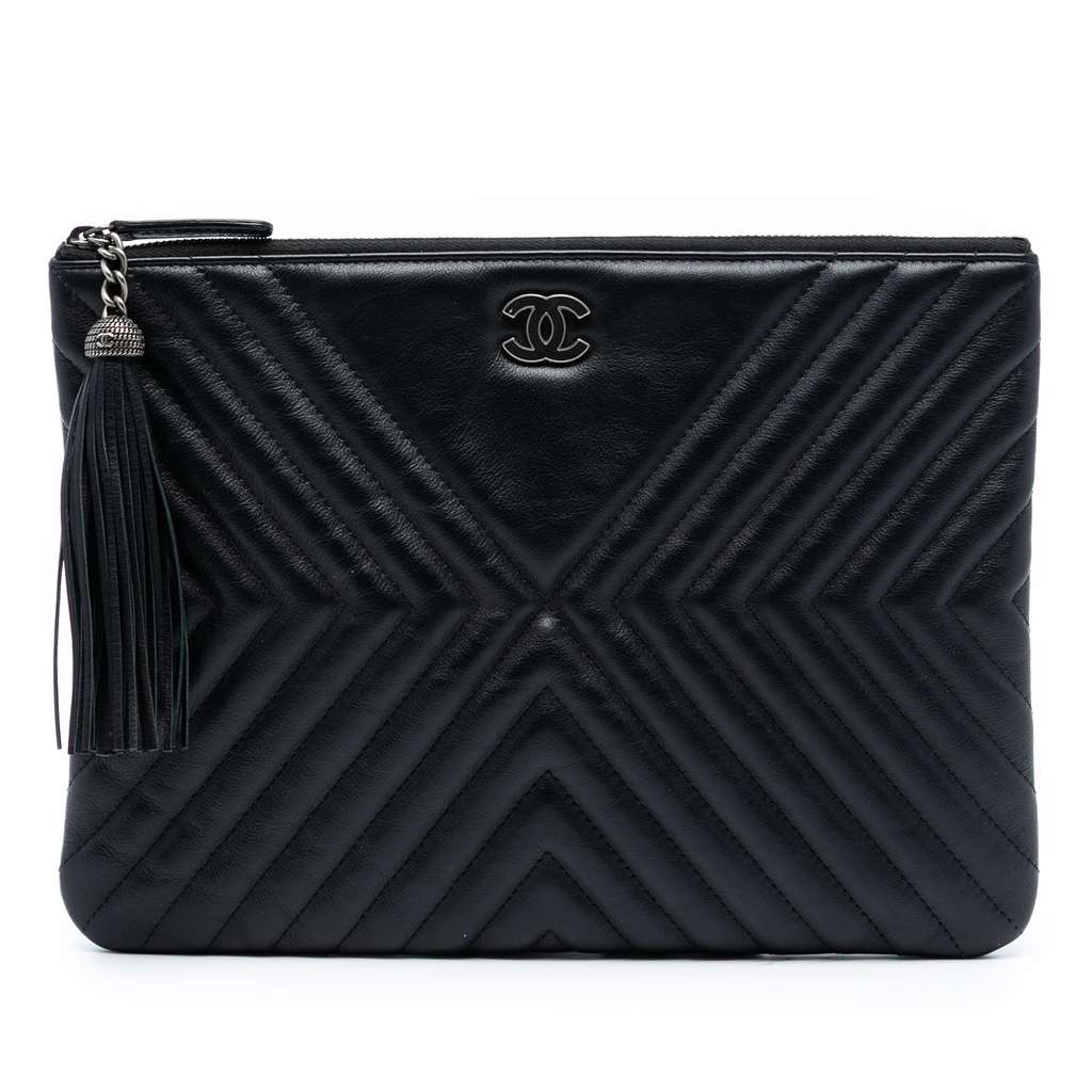 Chanel Medium Diagonal Chevron Calfskin Tassel O Case Clutch