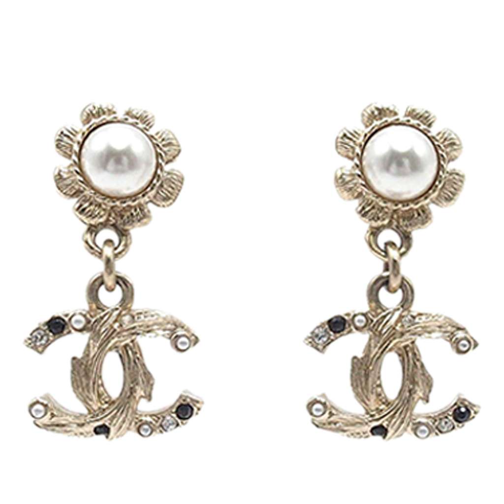 Chanel CC Gold Plated Faux Pearl Rhinestone Drop Push Back Earrings