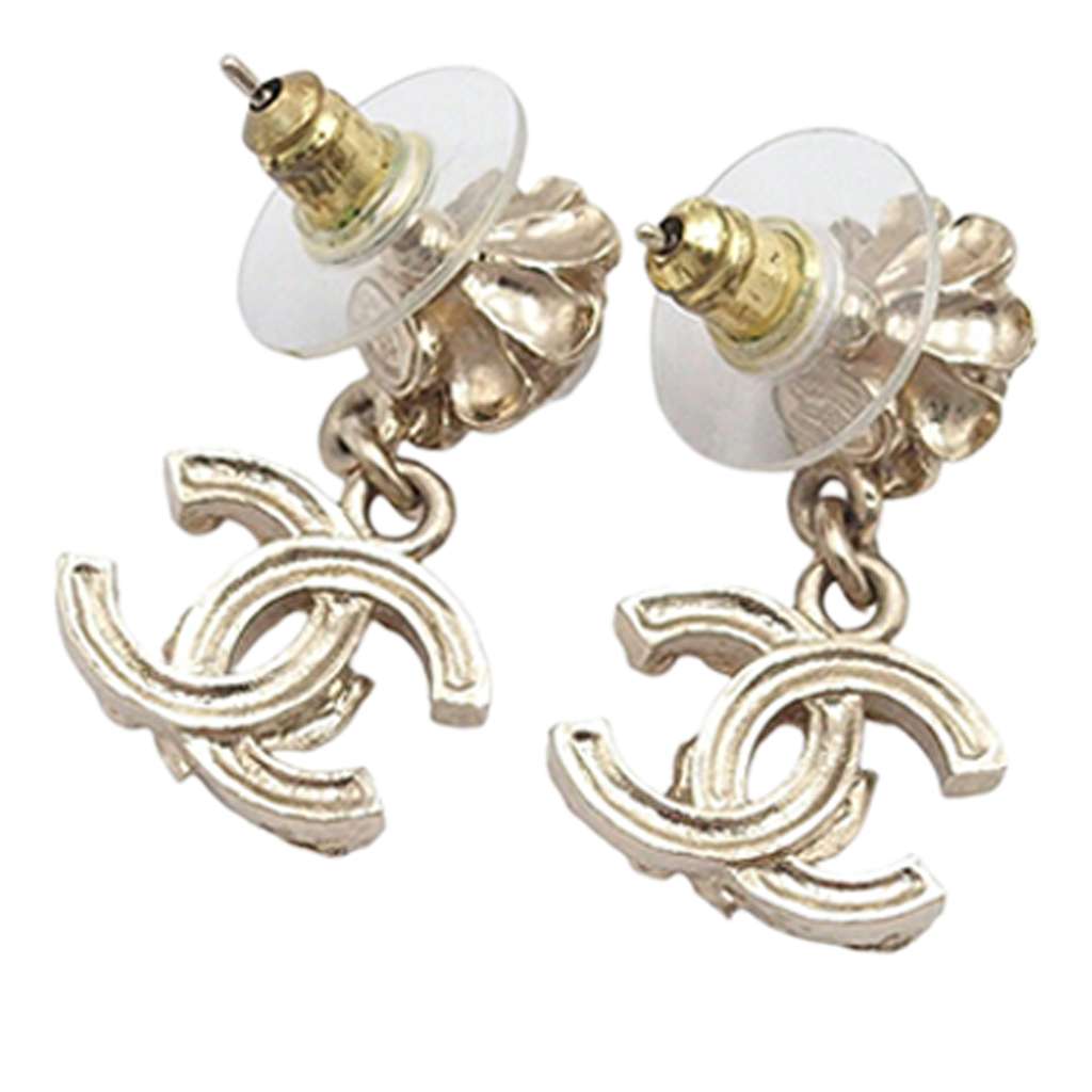 Chanel CC Gold Plated Faux Pearl Rhinestone Drop Push Back Earrings - 2