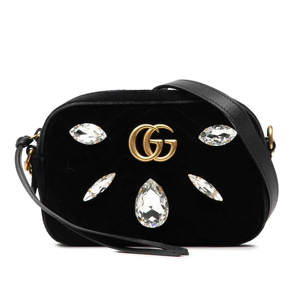 Gucci Mini GG Marmont Crystal Embellished Matelasse Velvet Crossbody Black Velvet Very good - Front View
