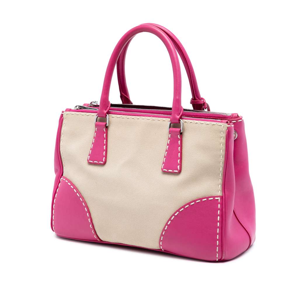 Prada Small Canvas and City Calf Hand Stitched Galleria Double Zip Satchel - 2