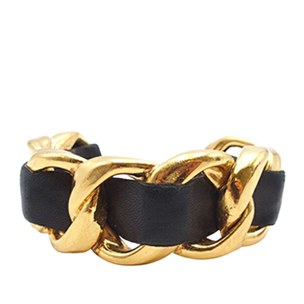 Chanel Gold Plated Leather Woven Chain Cuff Bracelet - 2