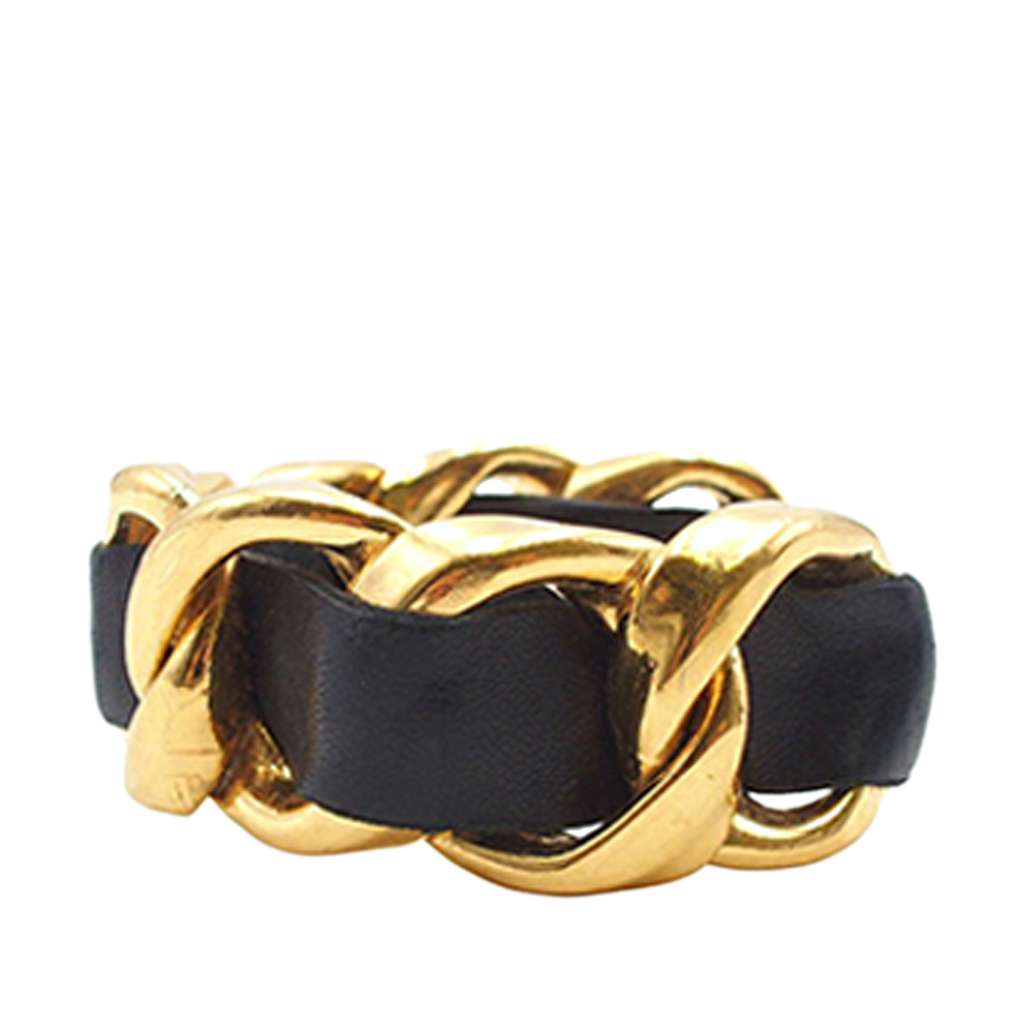 Chanel Gold Plated Leather Woven Chain Cuff Bracelet - 4