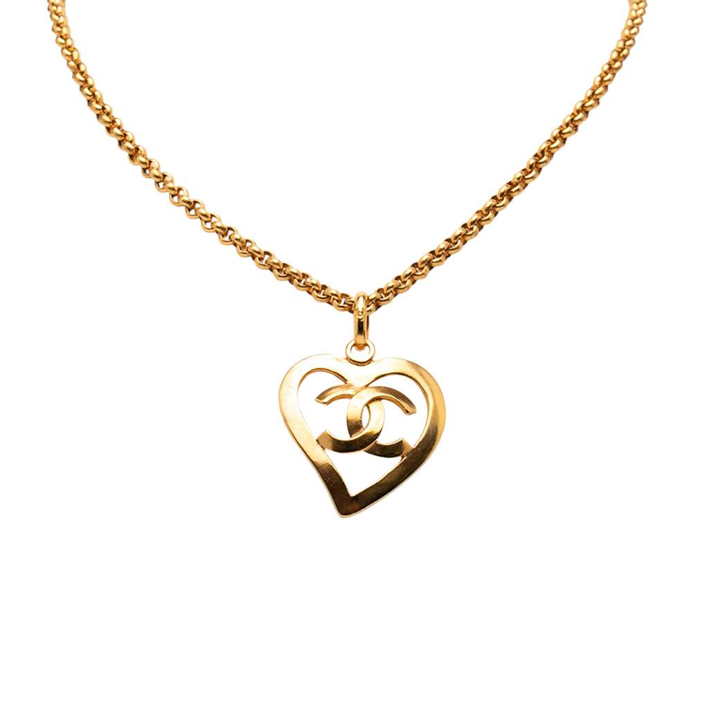 Chanel Gold Plated CC Heart Pendant Necklace