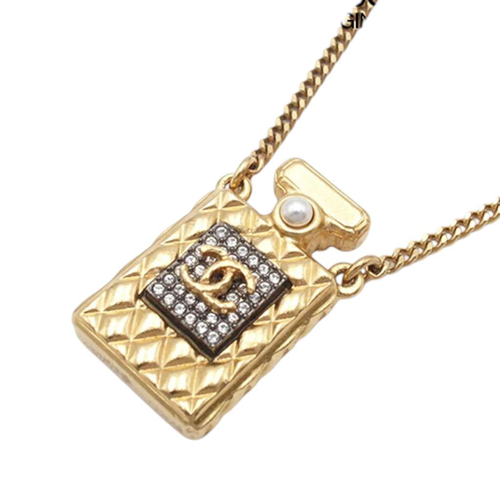 Chanel Gold Plated Crystal and Faux Pearl CC Perfume Bottle Pendant Necklace - 2