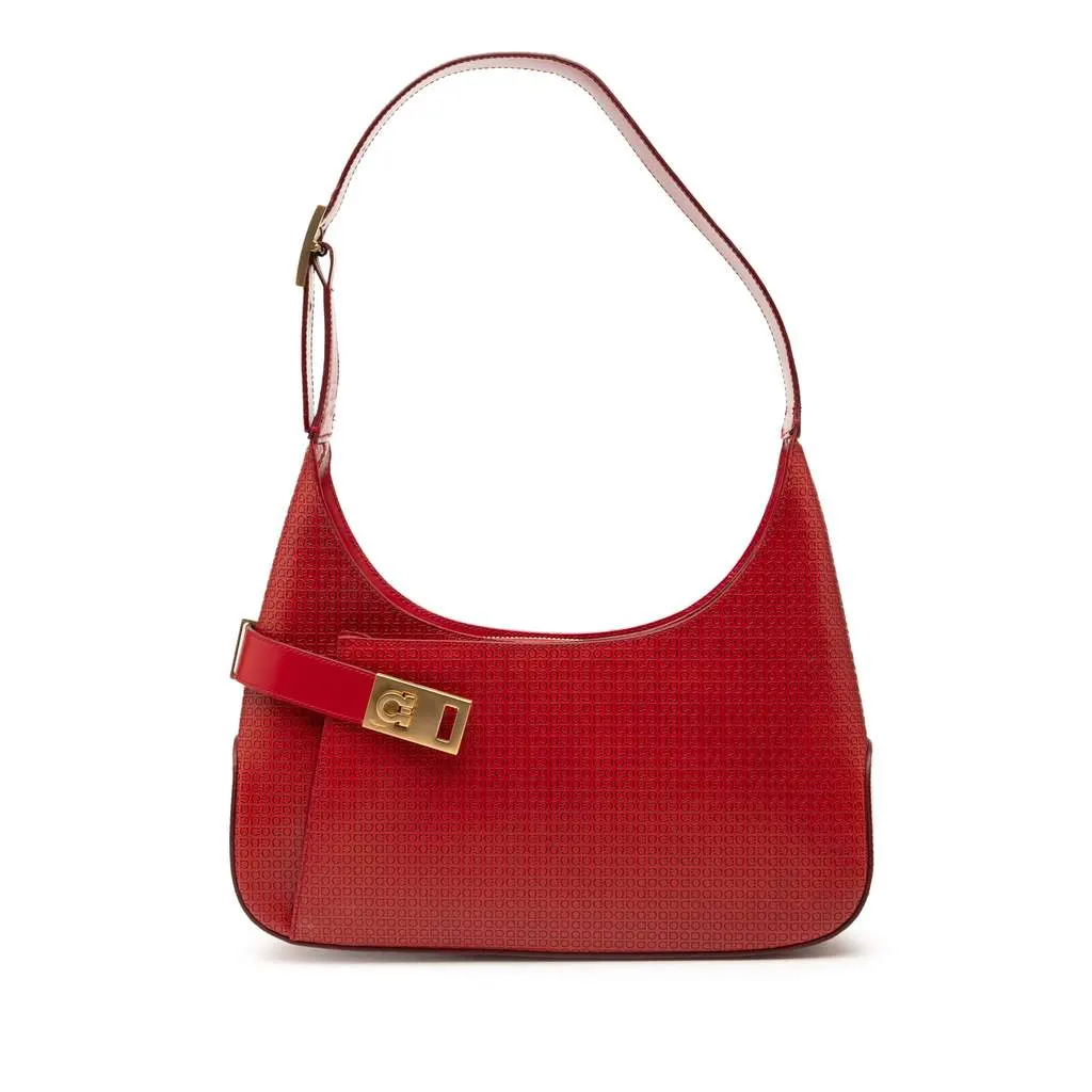 Salvatore Ferragamo Gancini Embossed Leather Shoulder Bag Red Leather Very good - Front View