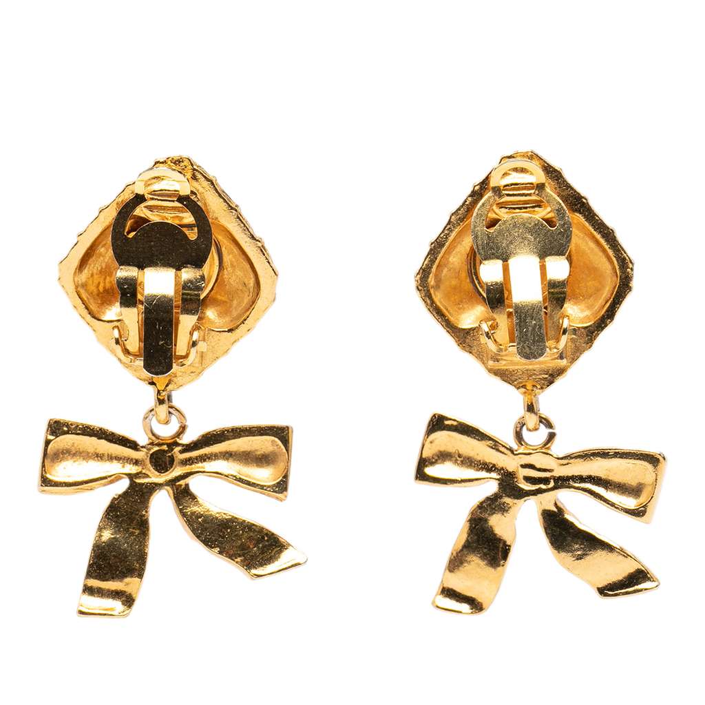 Chanel Gold Plated Quilted Diamond Ribbon Clip on Earrings - 2