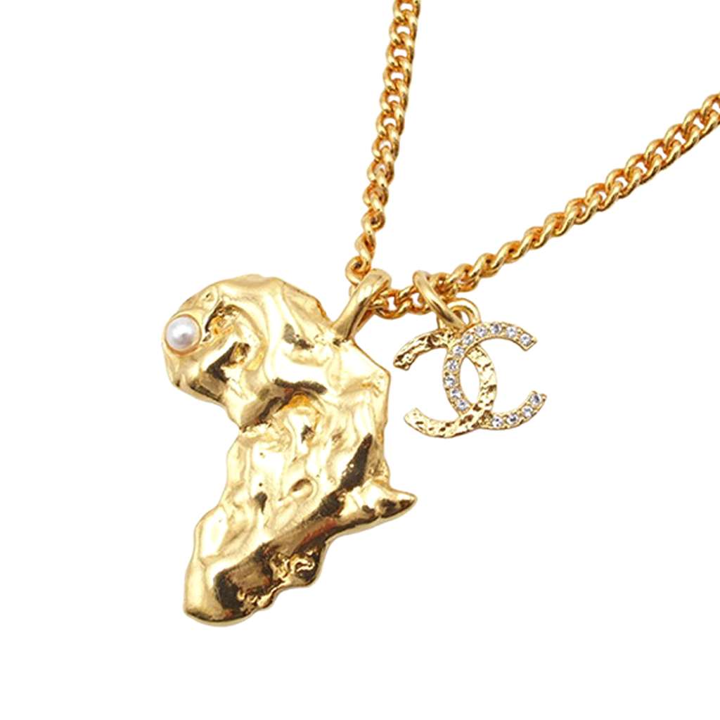 Chanel Gold Plated CC Faux Pearl and Rhinestone Africa Pendant Necklace - 2