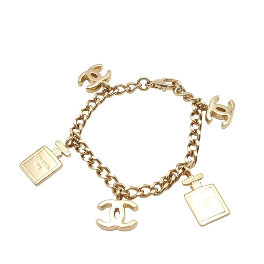 Chanel CC Gold Plated No 5 Perfume Bottle Charm Bracelet Gold Metal Good - Front View