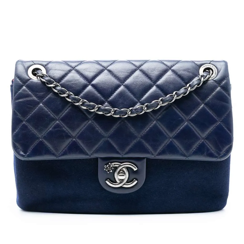Chanel Paris Salzburg Quilted Glazed Calfskin and Felt Edelweiss Flower CC Flap Blue Leather Good - Front View